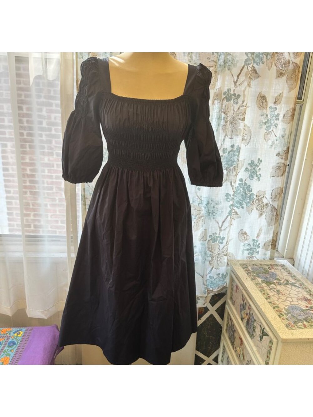 Monica Nera Navy Penelope Dress With Smocked Square Neckline & Puff Sleeves Sign - Picture 6 of 10